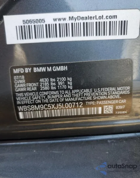 2018 BMW M3 из США, поврежденный, VIN WBS8M9C5XJ5L00712